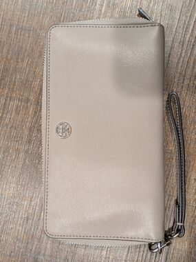 Tory Burch Neutral Taupe Leather Zip Wallet with Silver Logo